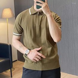 Men's Polos Vintage Zipper Lapel High Quality Knit Tops For Men Summer Leisure Solid Color Short Sleeve Knitted Polo Shirt Mens Streetwear