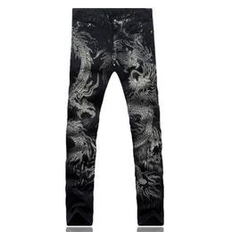 Men's Jeans Men Pants Slim Fit Fashion Dragon Print Male Coloured Drawing Painted Denim Elastic Black Cargo289q