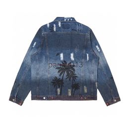 Mens Jackets Designer Clothing Amires AM Denim Jacket Amies Coconut Tree Rendered Damaged Denim Jacket Coat Unisex Couple Summer Classic Elemental Style Casual Coa