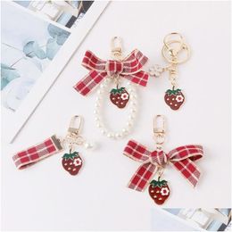 Keychains Lanyards Lovely Red Plaid Ribbon Stberry Keychain Women Girl Jewellery Simated Fruit Bowknot Bag Car Key Holder Keyring Birthd Dh3Ig