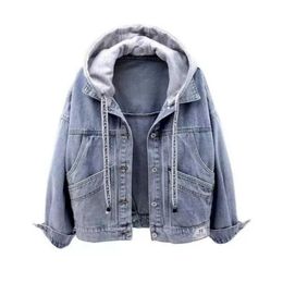 Women's Jackets Deeptown Blue Denim Jacket Women Korean Fashion Zipper Hooded Jean Jackets Female Streetwear Kpop Outwear Loose Aesthetic Coats 230912