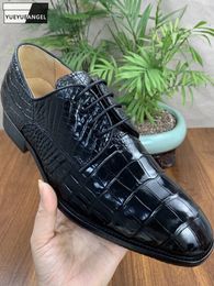 Dress Shoes High Quality Mens Business Work Crocodile Genuine Leather Handmade Autumn Lace Up Block Heels Groom Wedding