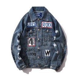 Men's Jackets Korean Men Denim Jacket Harajuku Streetwear Hip Hop Graffiti Jackets and Coats Male Women 2019 Couple Loose Denim Jean Jackets x0913 x0913