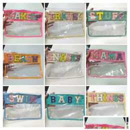 Embroidery Letters Clear Flat Nylon Pouch Bag Accessories Portable Waterproof With Metal Zipper Pouches Cosmetic Bags Storage Case For Party