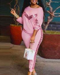 Women's Two Piece Pants Contrast Sequin Long Sleeve Top & Set Women Fashion Casual Pullover O Neck High Waist Pencil