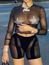 Women's Tracksuits OMSJ Punk Hipster Nightclub Mesh Two-piece Outfit For Women Star Shape Rhinestone O Neck Long Sleeve Crop Top Slim Stripe