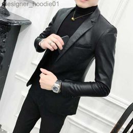 Men's Fur Faux Fur Solid Black Slim Fit Blazer Hombre PU Leather Jacket Men One Button Business Casual Prom Blazers For Men Korean Suit Coat L230913