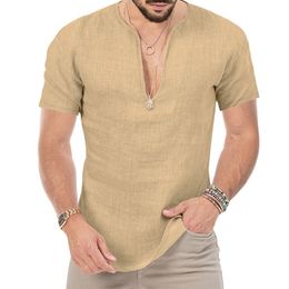Men's Polos Summer VNeck Short Sleeve Tee Shirt Stylish Men Beachwear Slim Fit Solid Colour Bamboo Cotton Clothes Y2K Tops 2023 230912