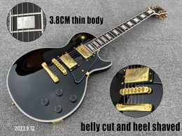 Electric Guitar Solid Black Real Pearl Ebony Fingerboard Inlay 3.8CM Thin Body Heel Shaved Belly Cut Gold Parts Bone Nut