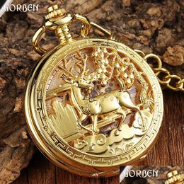 Pocket Watches 2021 Gold Clock Flower Deer Carving Design Mechanical Watch Fob Waist Chain Skeleton Hollow Steampunk Men Drop Delivery Dhca5