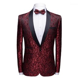 Men's Suits & Blazers Brand Men Shawl Collar Wine Red Casual Suit Jacket Prom Party Blazer Man Coat Hombre Slim Fit Floral Ma182c