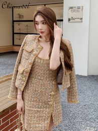 Women's Wool Blends Autumn and Winter Camel Gold Tweed Crew Neck Coat Female Fashion Single-Breasted Commuter's All-Matching Jackets Women 230912