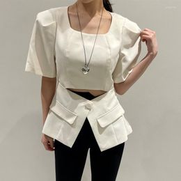 Women's Blouses Temperament White Shirt Summer Design Sense Niche Cross-buttoned Openwork Puff Sleeves Cinched Waist Top Female