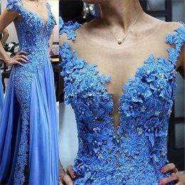 Blue Lace Appliques Mother of the Bride Dresses Illusion Pearls Beading Formal Godmother Evening Wedding Party Guests Gown Plus286A