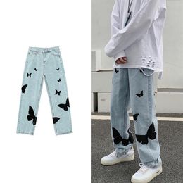 Men's Jeans 2021 Butterfly Print For Men Pants Loose Baggy Casual Denim Stretch Straight Fashion Trousers Women Clothing272E