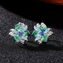 Stud Earrings Crystal Female Small Blue Zircon Luxury Enamel Flower Charm Silver Color Wedding For Women