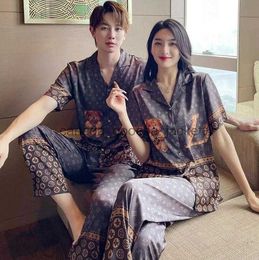 Womens Sleep Lounge designer 23ss Silk Pajamas Sets Home Textile Letters Print Casual Women Men Couple Short Sleeve Long Pant Cardigan Sleepwear Small Sweet Wind Nig