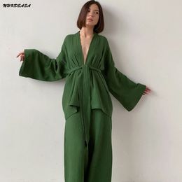 Women's Sleepwear NHKDSASA Kimono Pyjamas 2023 100 Cotton Crepe Long Sleeved Trousers Ladies Suit Home Service Mujer 230912