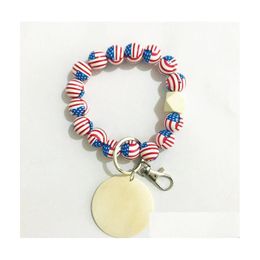 13 Colours American Flag Wooden Bead Bracelet Keychains Men Sports Style Tray Bracelets Basketball Football Rugby Bangle Keychain Independenc