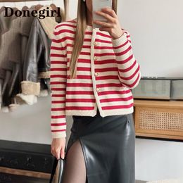 Women's Knits Tees High Quality Autumn Women Cardigan Fashion Red Striped Knitted Sweater Cardigans Female Casual Chic Button Tops Ladies 230912