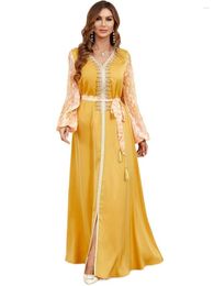 Ethnic Clothing Muslim Dress Summer 2023 Women V-Neck Beading Tape Belted Loose Waist Arab Saudi Party Abaya Dubai Turkey Kaftan Robe