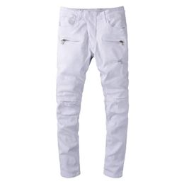 Men's Jeans White Stretch Denim Biker For Motorcycle Streetwear Slim Fit Holes Ripped Pants Trousers High Quality3038