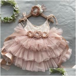 Girls Dresses Toddler Baby 1St Birthday Dress For Kids Flowers Belt Headbow Outfit Set Children Princess Costume Drop Delivery Materni Dhui8