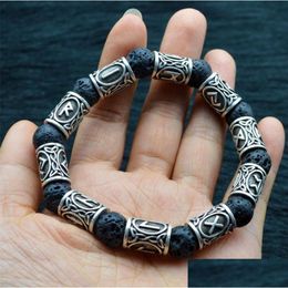 Charm Bracelets Natural Black Bracelet Trendy Retro Alloy Rune Lava Stone Beads For Men Women Bangle Jewelry Personality Drop Delivery Dhl8Z