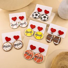 Round Heart Softball Baseball Basketball Wooden Dangle Sporty Earrings for Mother Day Gift Wholesale Mom Wood Jewlelry