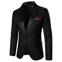 Men's Suits Blazers Men Blazer Decorative Chest Pocket Contrast Colour Satin Collar Causal Formal Daily Wedding Men Long Sleeve One Button Blazer 230912