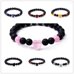 Strand 10pcs 8mm Black Lava Stone Colourful Heart Shape Bracelet Tiger Eye Rose Quartz Bangle For Women Yoga Jewellery