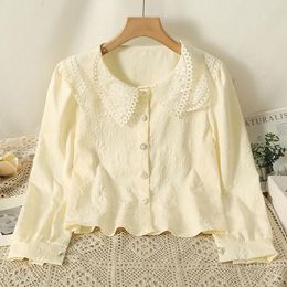 Women's Blouses Women Lace Jacquard Blouse Doll Collar Puff Sleeve Shirt 2023 Autumn Fashion Preppy French Sweet Girl Casual Loose Top