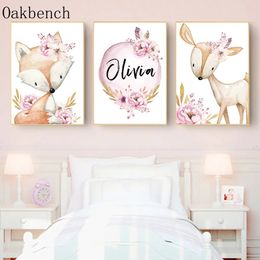 Animals Canvas Poster Custom Name Wall Art Deer Fox Art Prints Flower Bunny Print Pictures Nursery Posters Baby Girl Room Decor L01