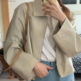 Women's Leather Korean Autumn Winter Vintage Simple Lapel Shoet Pu Motorcycle Jacket Zipper Cardigan Basic Solid Colour