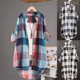 Women's Blouses Fashion Plaid Long Sleeve Shirt Medium-length Casual Loose Cotton Linen Turndown Collar Thin Tops Plus Size M-XXXL