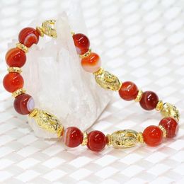 Strand Natural Stone Onyx Carnelian Agat Red Vein Bracelet Round 8mm Factory Outlet Gold-color Beads Jewellery 7.5inch B2090