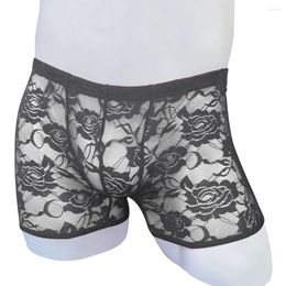 Underpants Sexy Men Sissy Boxer Lace Ultra-thin Transparent Briefs Floral Embroidery Shorts Panties Elastic Underwear Gay Erotic Lingerie