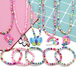 2pcs/Set Clay Beads Necklace Bracelet Jewellery Sets Cute Cartoon Pattern Charm For Children Party Jewellery Kids Birthday Gift Sets