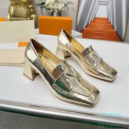 Designer Dress Shoe Loafers Slingback Pump Women Leather Sandals Chunky High Heels Summer Slides Shiny Leather Loafers