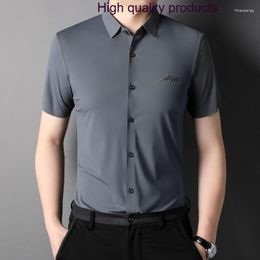 Men's Casual Shirts Seamless Summer Grey Luxury Short Sleeve Solid Color Smart Male Dress Simple Silky Man