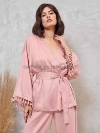 Women's Sleep Lounge Women's Sleepwear Hiloc Tassel Splicing Women Pyjama Pink Satin Women's Nightwear With Belt Sexy V-Neck Pijama Sets Pants Loose HomeL230913