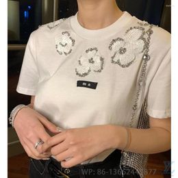 Women's T Shirts 2024 Spring/Summer Sequin Shoulder Studded Flower Blossom Knitted T-Shirt Trendy Girl