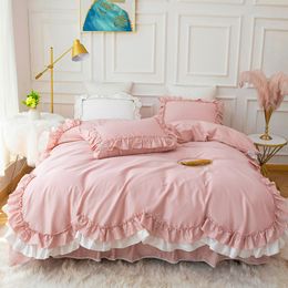 100% Cotton Bedding Set Korean Style Double Layer Ruffle Solid Color Princess Quilt/Duvet Cover Bed Skirt Pillowcases