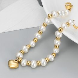 Gold Love Heart Charm Pearl Bracelet Stainless Steel Bracelets Beaded Bangle for Women Summer Fashion Jewelry