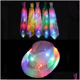 Party Hats Fashion Kids Adt Led Light Up Tie Sequin Jazz Fedora Hat Flashing Neon Gifts Costume Cap Birthday Carnival Drop Delivery Ho Dhg7Q