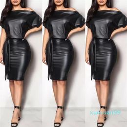 Casual Dresses Black Asymmetrical Sexy Faux Leather Bodycon Dress Women Summer Long Sleeve Knee Length Pencil281U