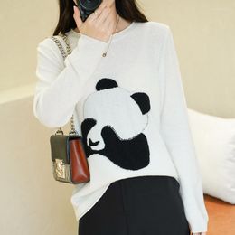 Women's Sweaters Autumn And Winter Pure Wool Round Neck Panda Jacquard Embroidery Loose Pullover Long Sleeve Sweater Knitted Bottom S