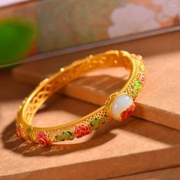 Bangle Gold Enamel Flower White Jade S925 Sterling Silver Hetian Jades Nephrite Hollow Lace Antique Flowers Bangles Women