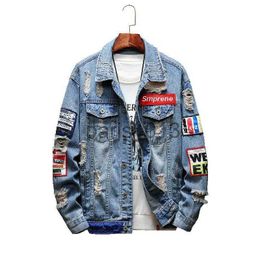 Men's Jackets 2 Colours Harajuku Patchwork Frayed Rock Vintage black blue denim jacket men punk sudadera hole streetwear hip hop ruched Washed x0913 x0913