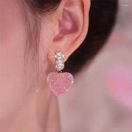 Dangle Earrings Sweet Cute Pink Heart Peach Drop For Women Japanese Fashion Shiny Crystal Love Earring Young Girls Friendship Jewellery